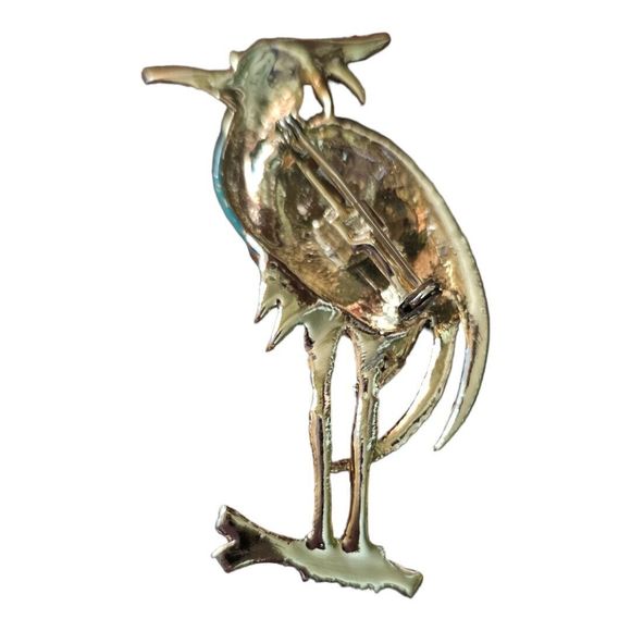 Vintage Blue Peach Enamel & Rhinestone Tall BIRD Brooch Pin - Picture 2 of 6